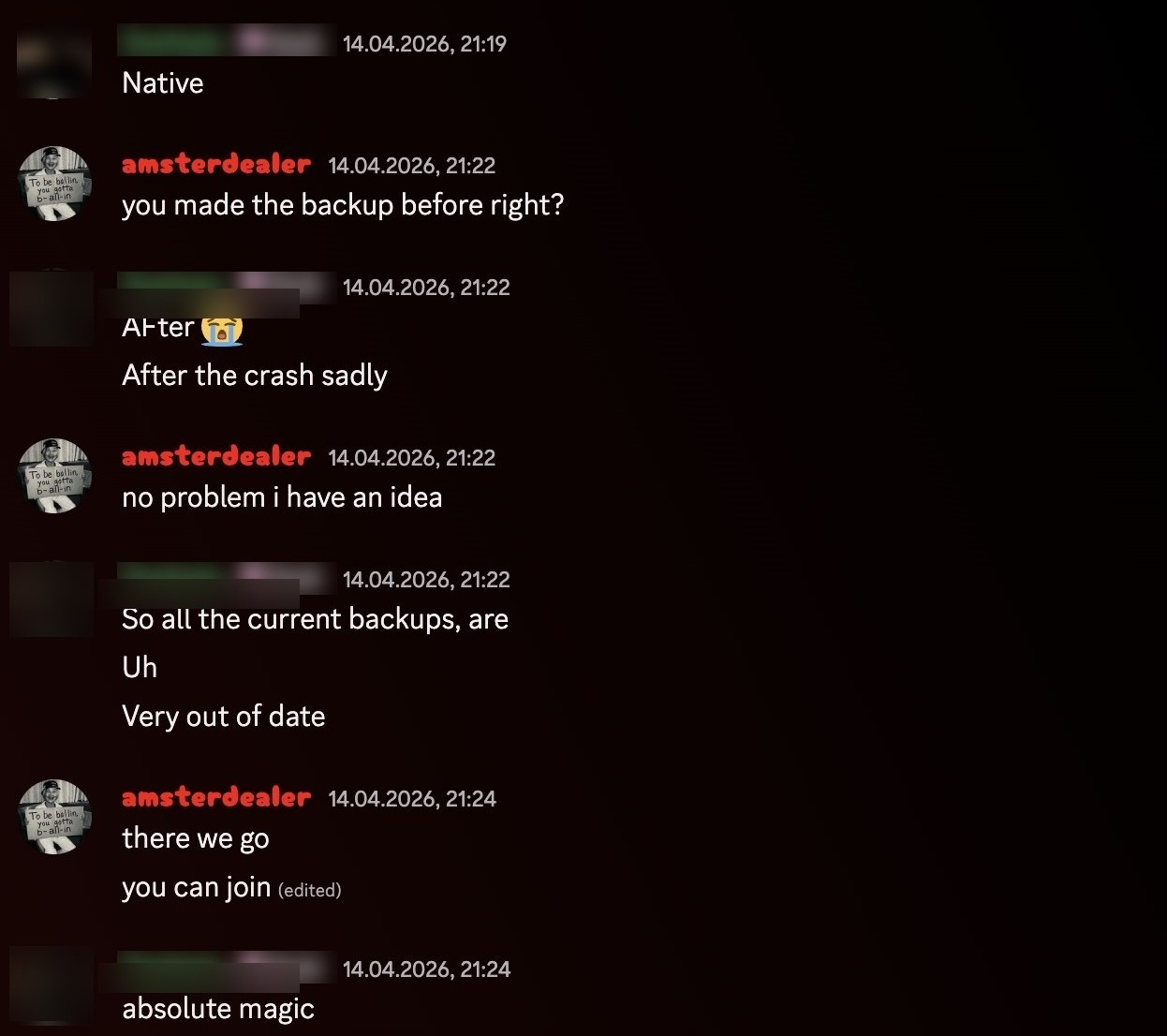 Discord conversation excerpt with customer identity blurred for privacy